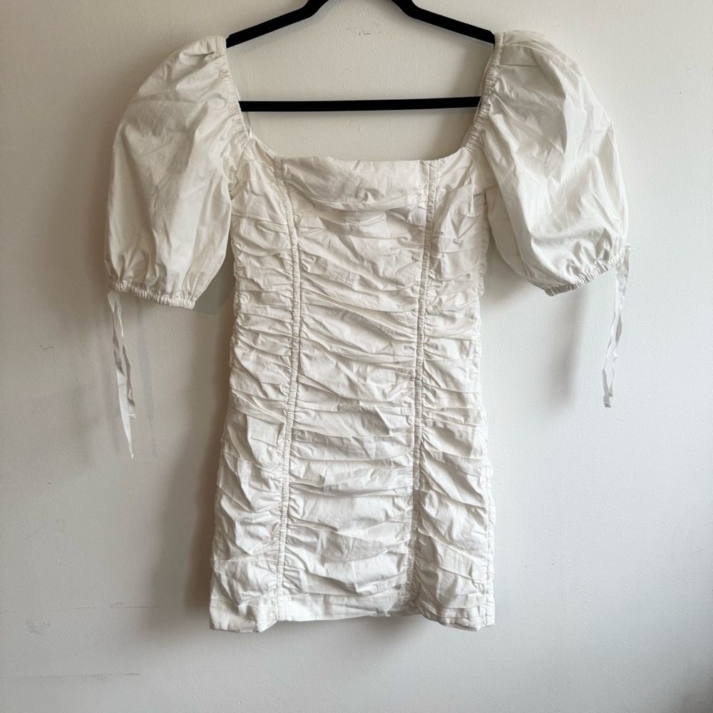 Ronny Kobo White Ruched Puff Sleeve Mini Dress Back Zip L Fits S